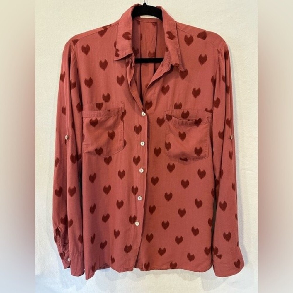 Just Living Button Front Printed Hearts Shirt Linen Blend Size S
